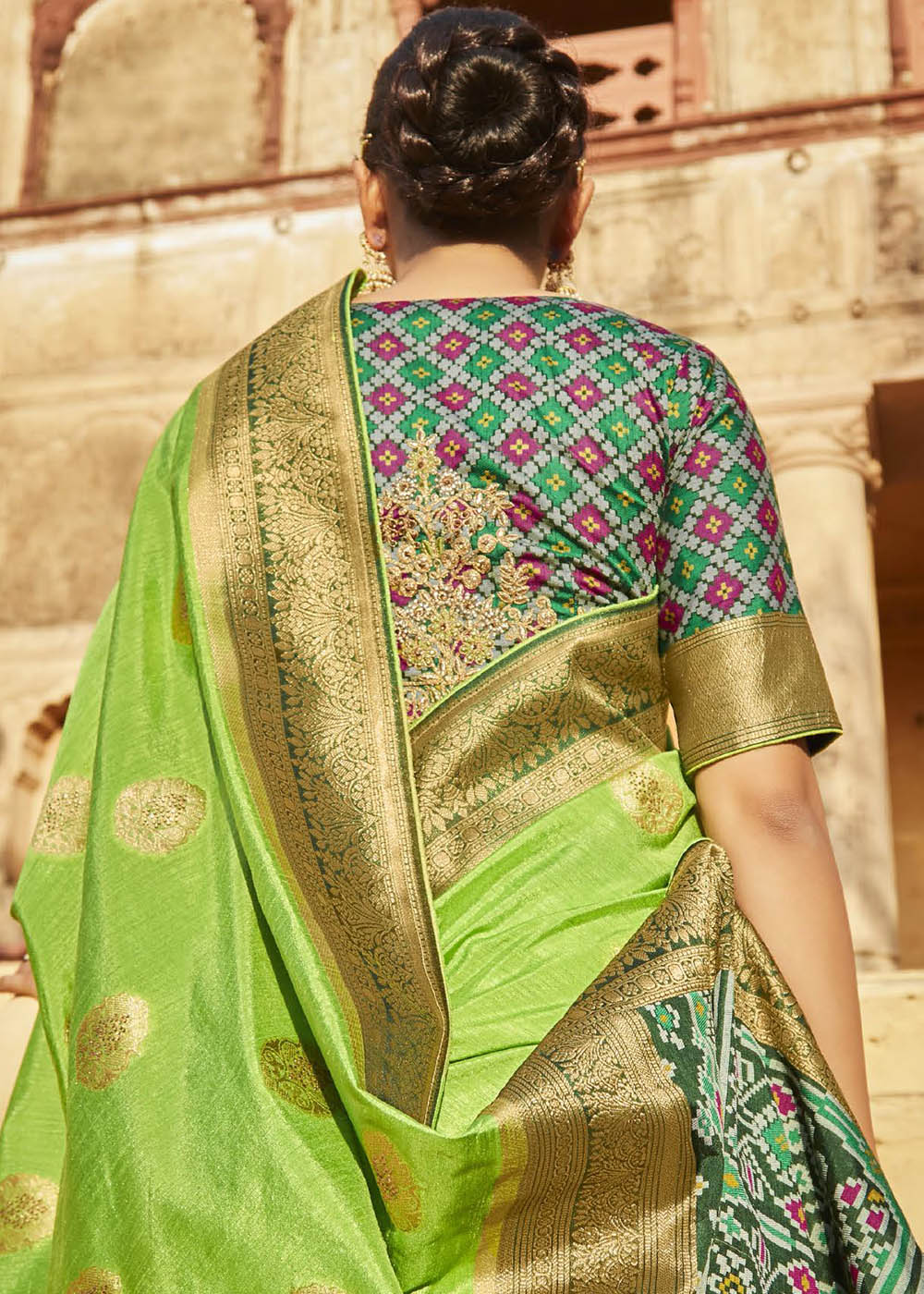 Lawn Green Woven Banarasi Patola Silk Saree with Embroidered Blouse