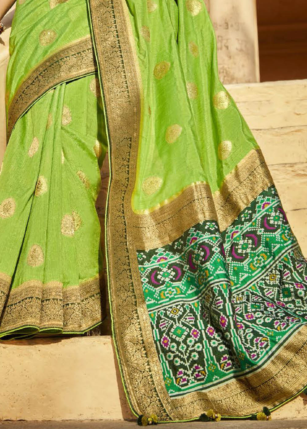 Lawn Green Woven Banarasi Patola Silk Saree with Embroidered Blouse