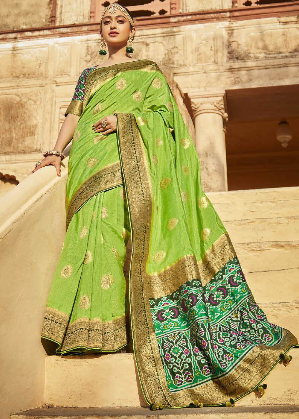 Lawn Green Woven Banarasi Patola Silk Saree with Embroidered Blouse