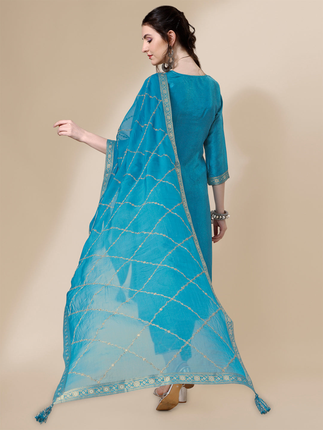 Ocean Blue Viscose Dola Silk Jacquard Kurta. Paired with Santoon Trouser and Organza Dupatta