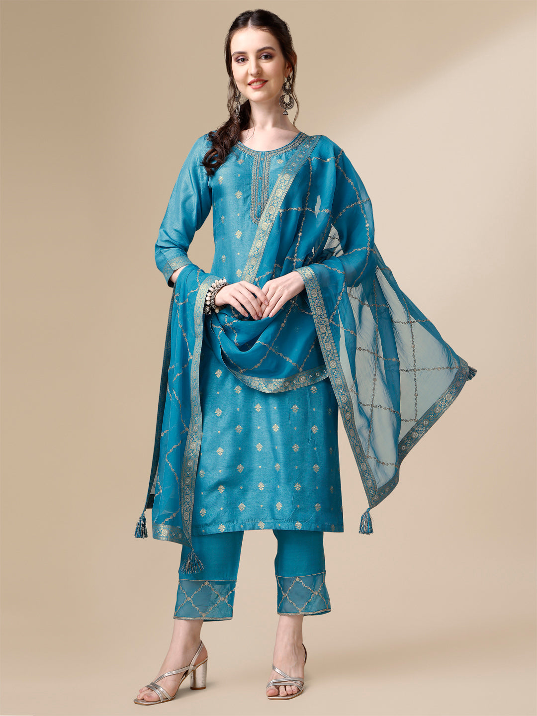 Ocean Blue Viscose Dola Silk Jacquard Kurta. Paired with Santoon Trouser and Organza Dupatta