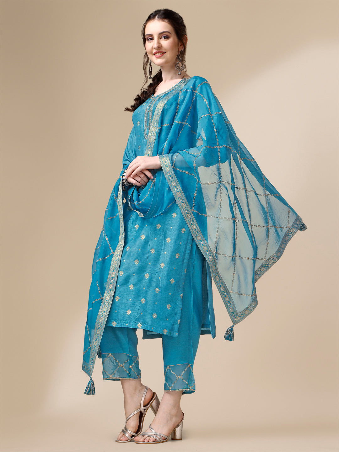 Ocean Blue Viscose Dola Silk Jacquard Kurta. Paired with Santoon Trouser and Organza Dupatta