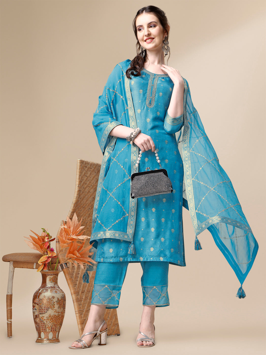 Ocean Blue Viscose Dola Silk Jacquard Kurta. Paired with Santoon Trouser and Organza Dupatta