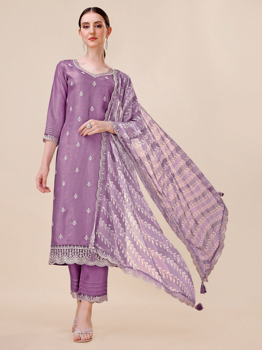 Dusty Lavendar Purple Dola Silk Kurta . Paired with Straight Pants and Chinon Lehariya Print Dupatta