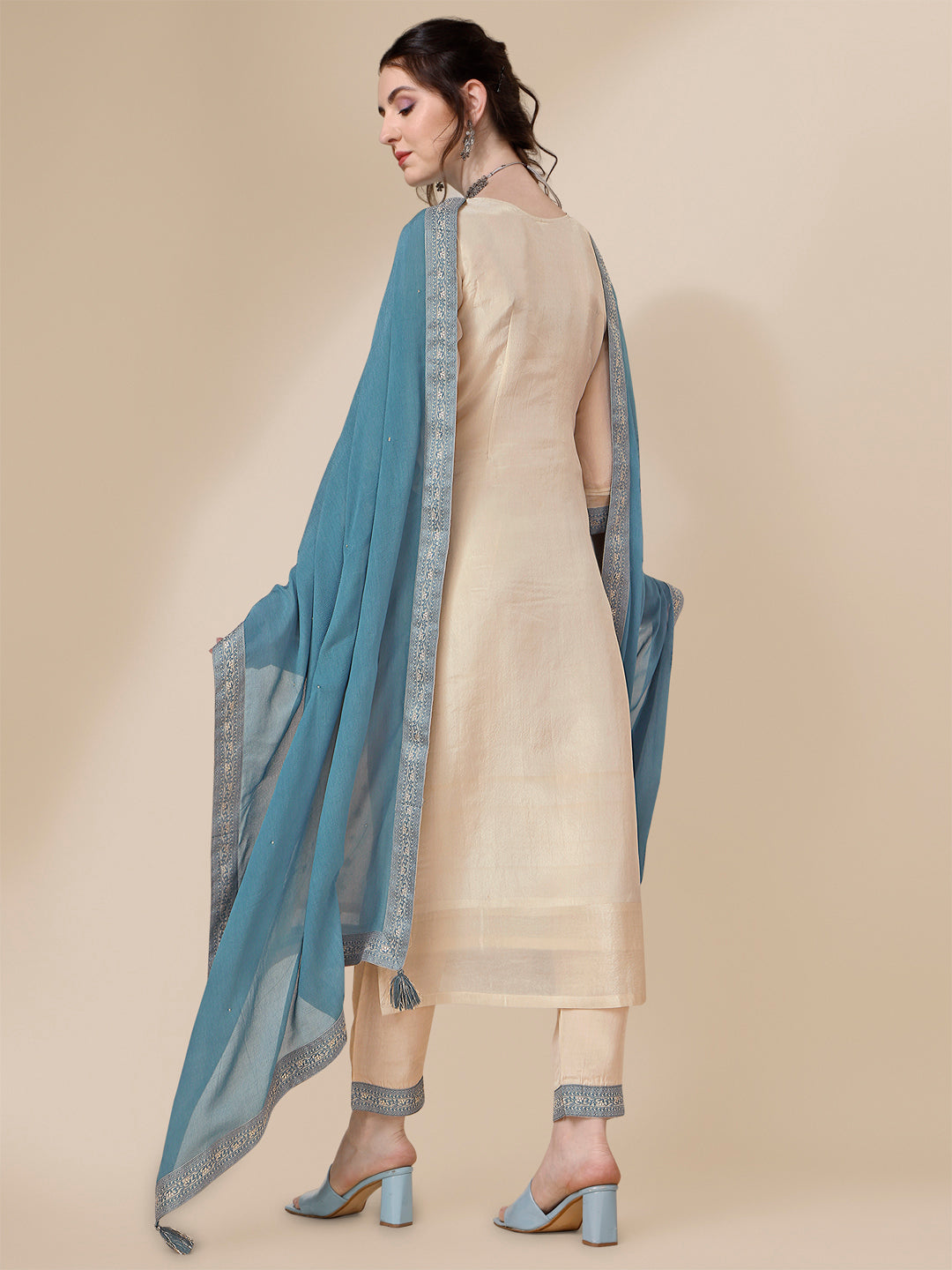 Cream Tissue Silk Kurta .Paired with Santoon Trouser and Chinon Dupatta