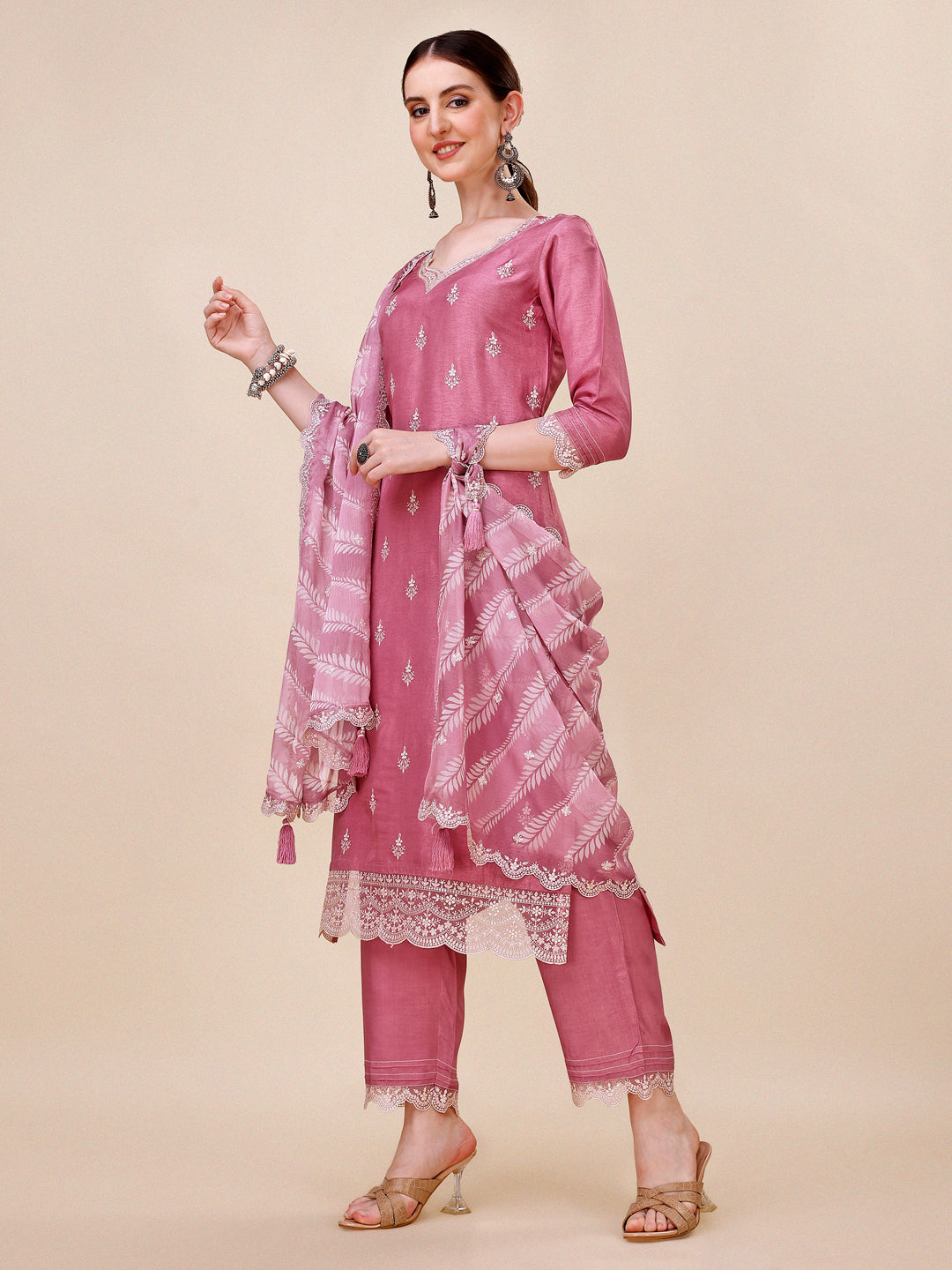 Dusty Rose Pink Dola Silk Kurta. Paired with Straight Pants and Chinon Lehariya Print Dupatta