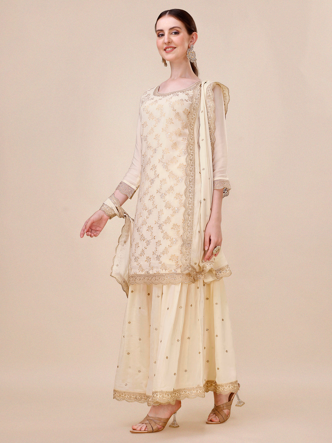 Off-White Chinon Kurta. Paired with Chinon Sharara Bottom and Chinon Dupatta