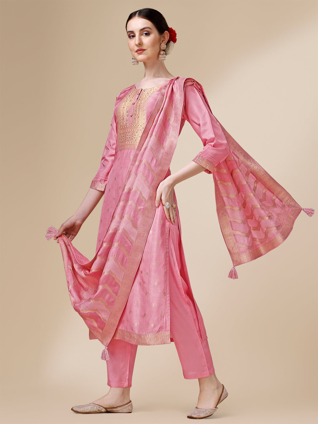 Creamy Pink Viscose Dola Silk Jacquard Kurta . Paired with Santoon Trouser and Viscose Dola Jacquard Dupatta