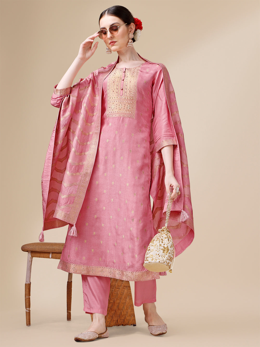 Creamy Pink Viscose Dola Silk Jacquard Kurta . Paired with Santoon Trouser and Viscose Dola Jacquard Dupatta