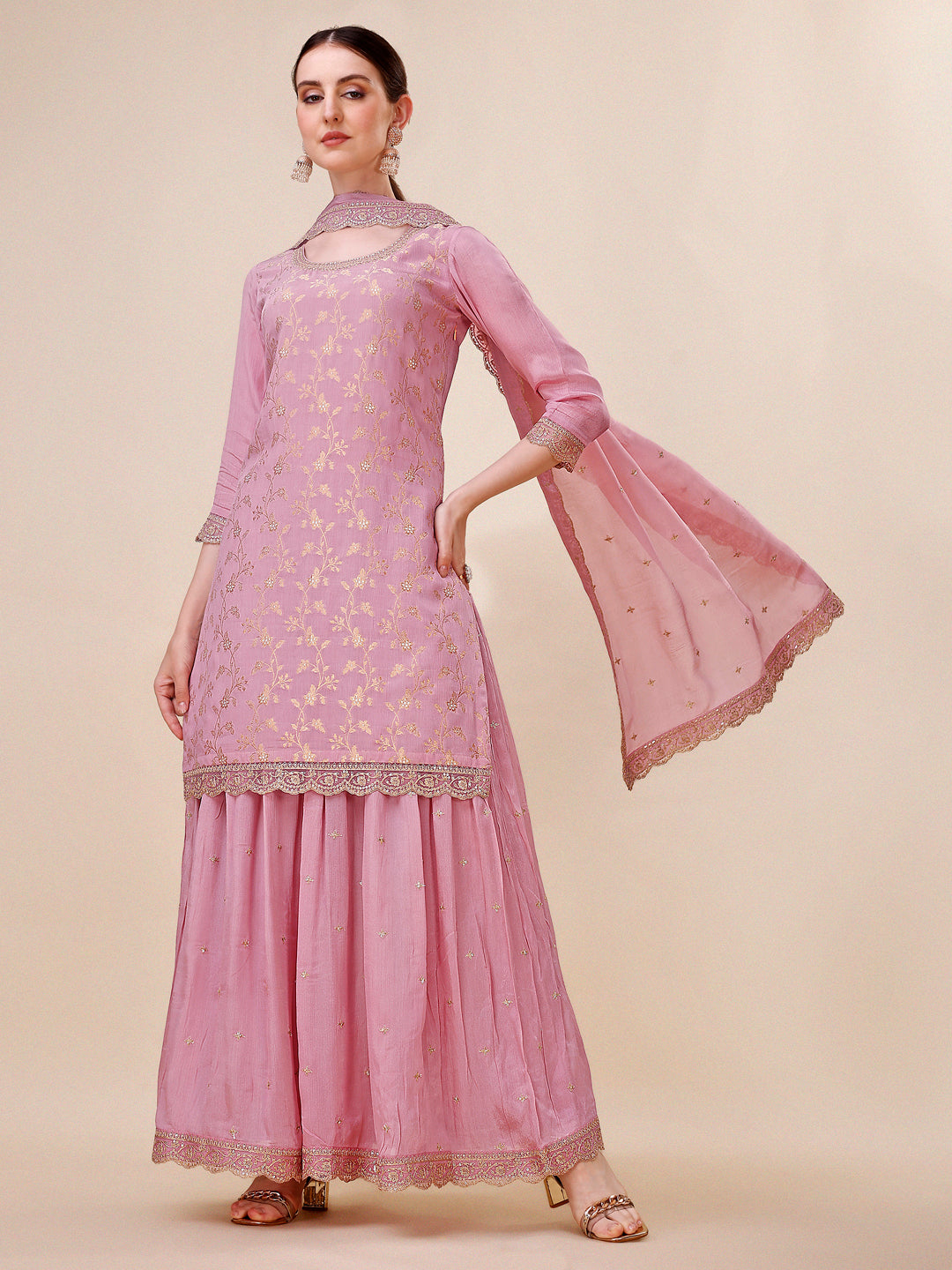 Sweet Lilac Chinon Kurta . Paired with Chinon Sharara Bottom and Chinon Dupatta