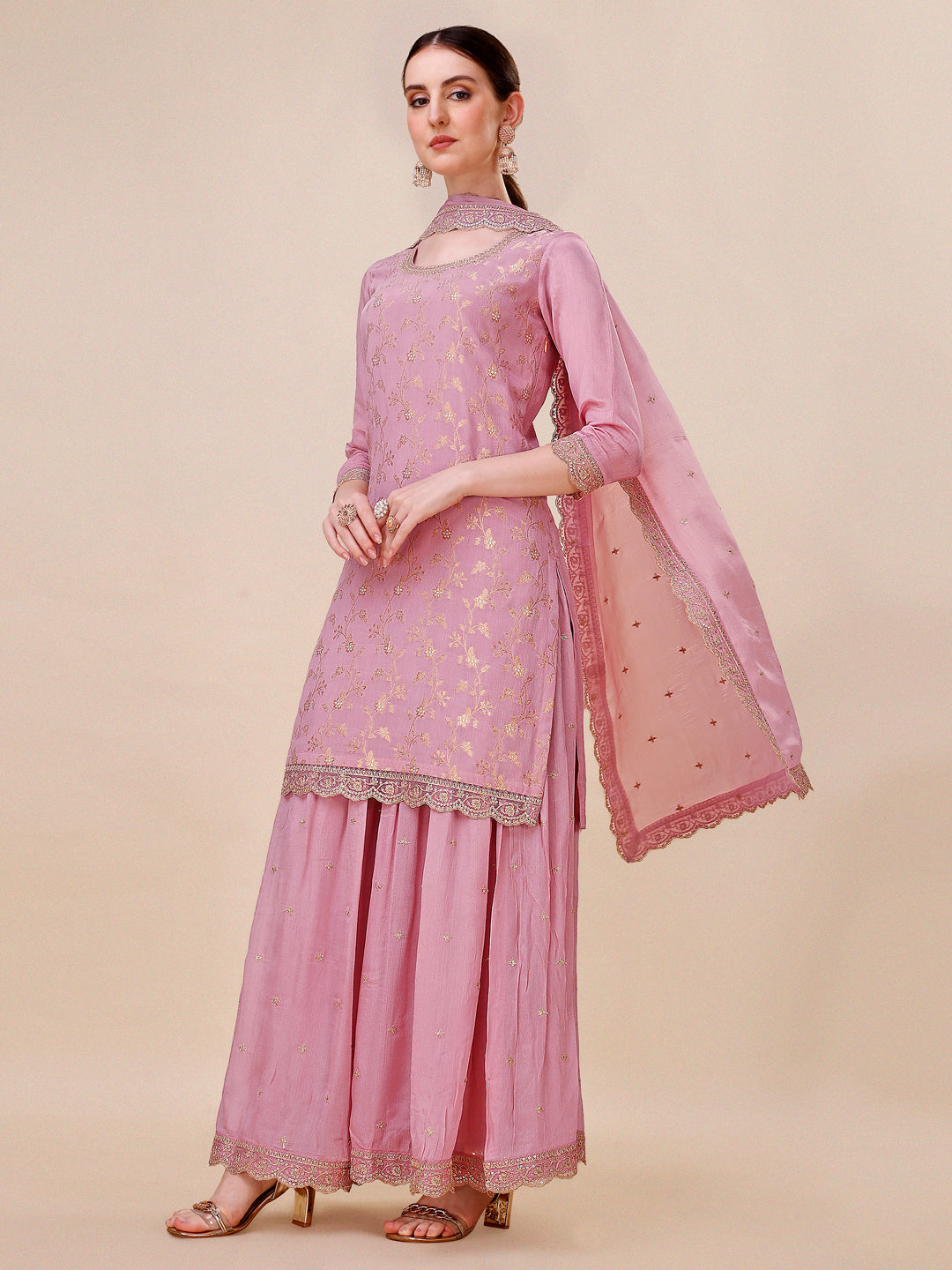 Sweet Lilac Chinon Kurta . Paired with Chinon Sharara Bottom and Chinon Dupatta