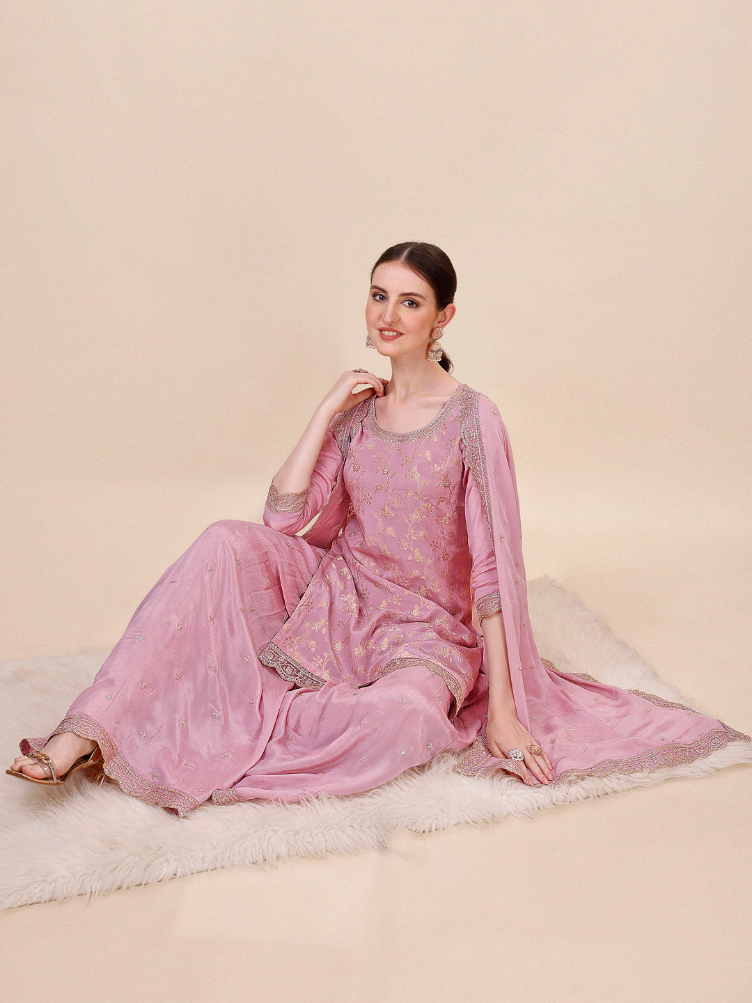 Sweet Lilac Chinon Kurta . Paired with Chinon Sharara Bottom and Chinon Dupatta