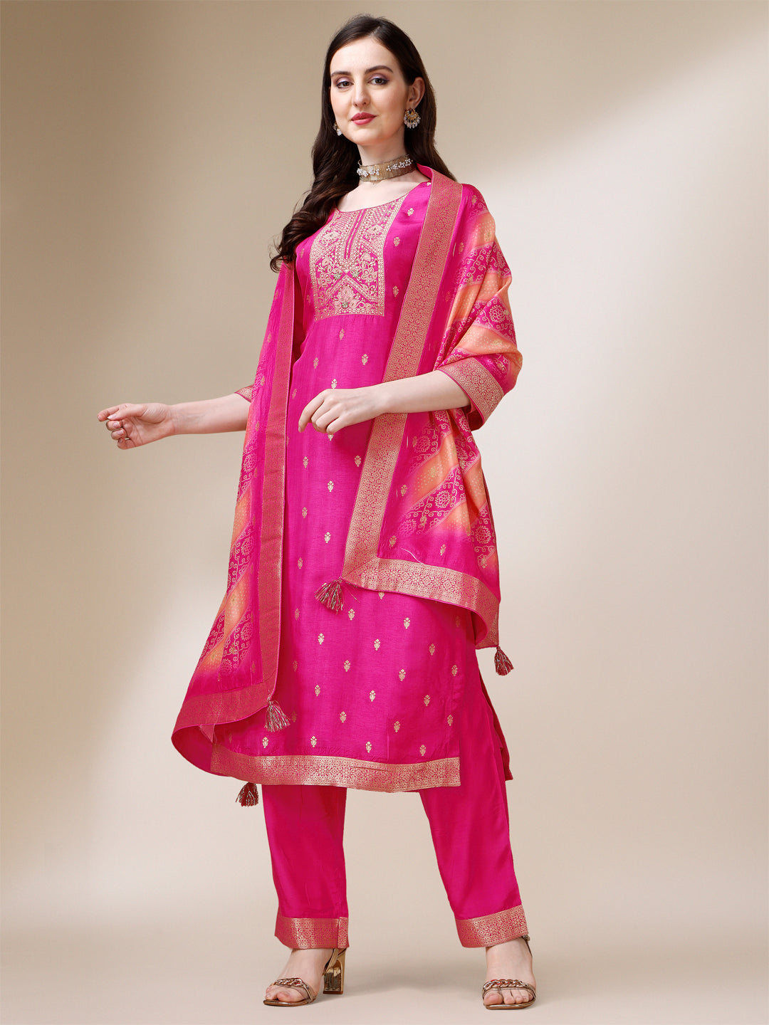 Rani Pink Dola Silk Jacquard Kurta .Paired with Santoon Trouser and Dola Silk Printed Dupatta