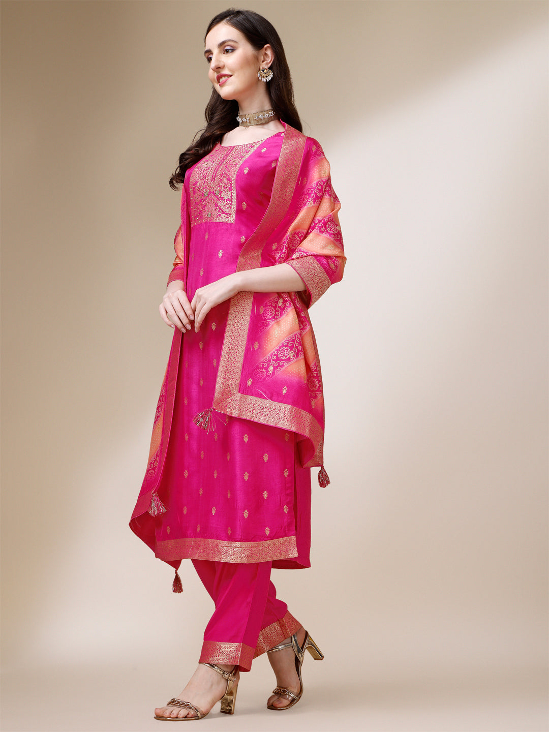 Rani Pink Dola Silk Jacquard Kurta .Paired with Santoon Trouser and Dola Silk Printed Dupatta