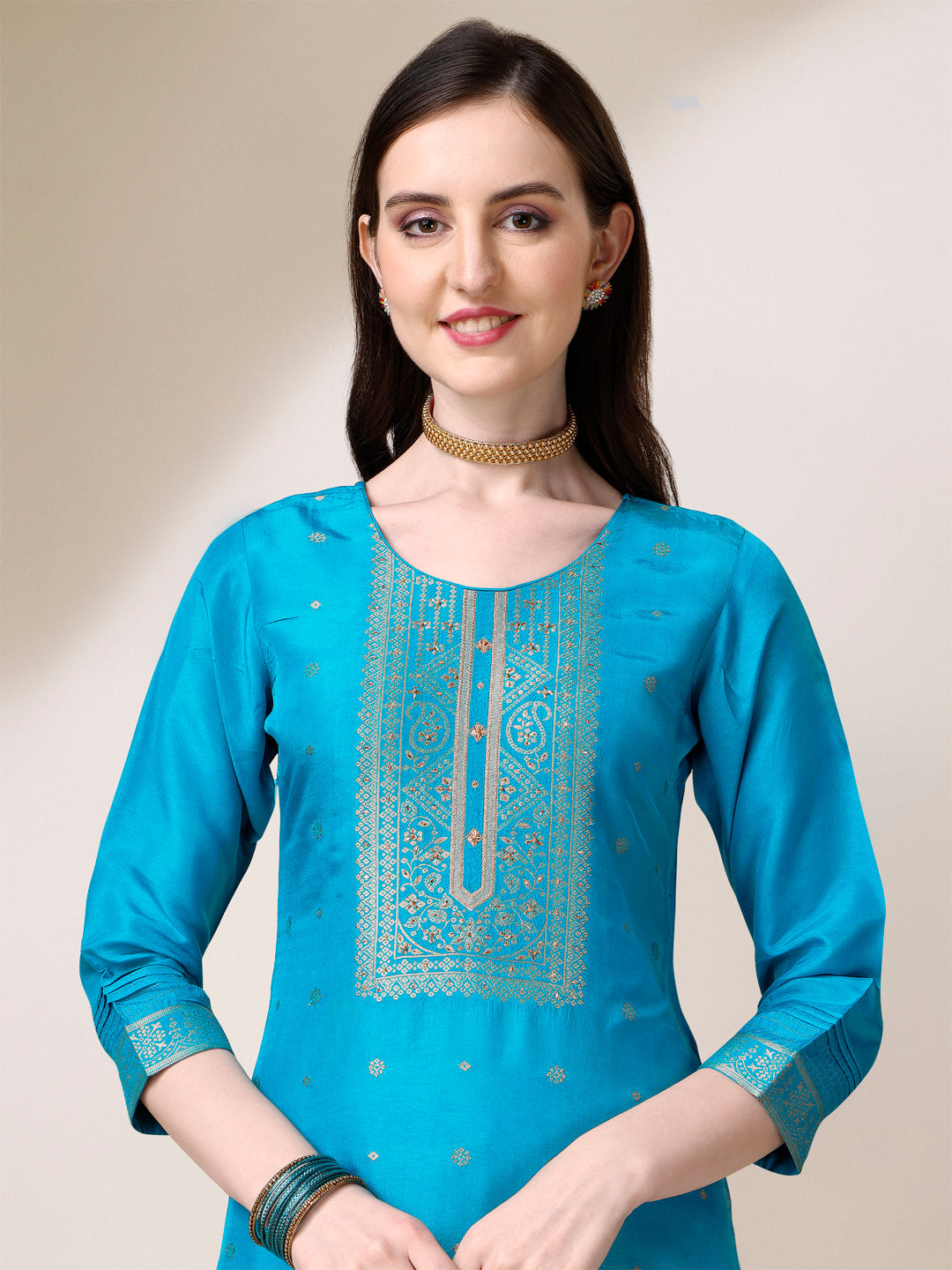 Cerulean Blue Dola Silk Jacquard Kurta. Paired with Santoon Trouser and Dola Silk Printed Dupatta