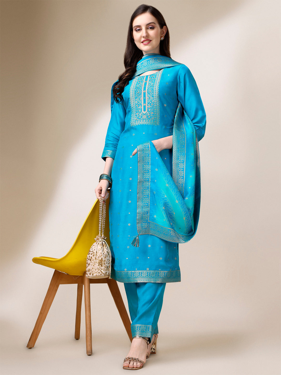 Cerulean Blue Dola Silk Jacquard Kurta. Paired with Santoon Trouser and Dola Silk Printed Dupatta