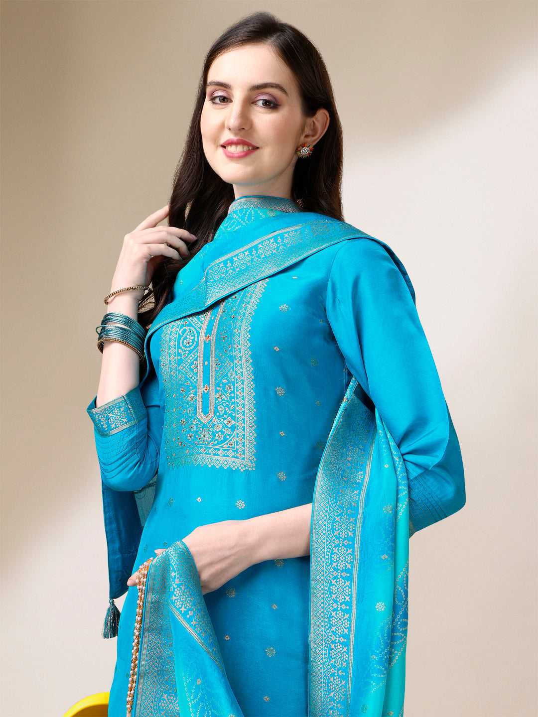 Cerulean Blue Dola Silk Jacquard Kurta. Paired with Santoon Trouser and Dola Silk Printed Dupatta