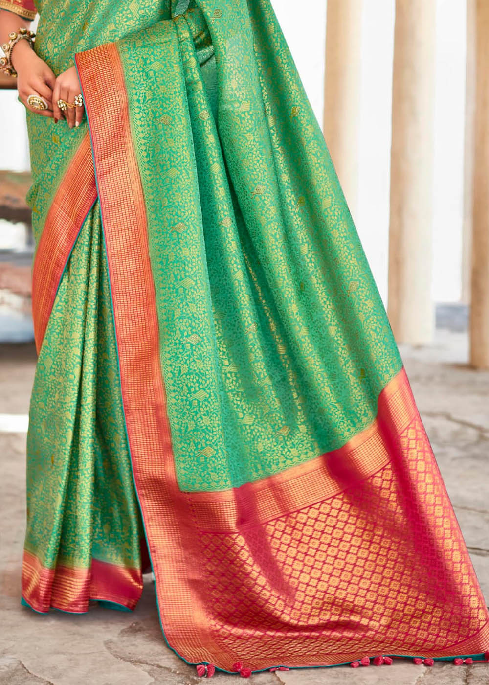 Jade Green Zari Woven Kanjivaram Silk Saree with Embroidered Blouse: Wedding Edition