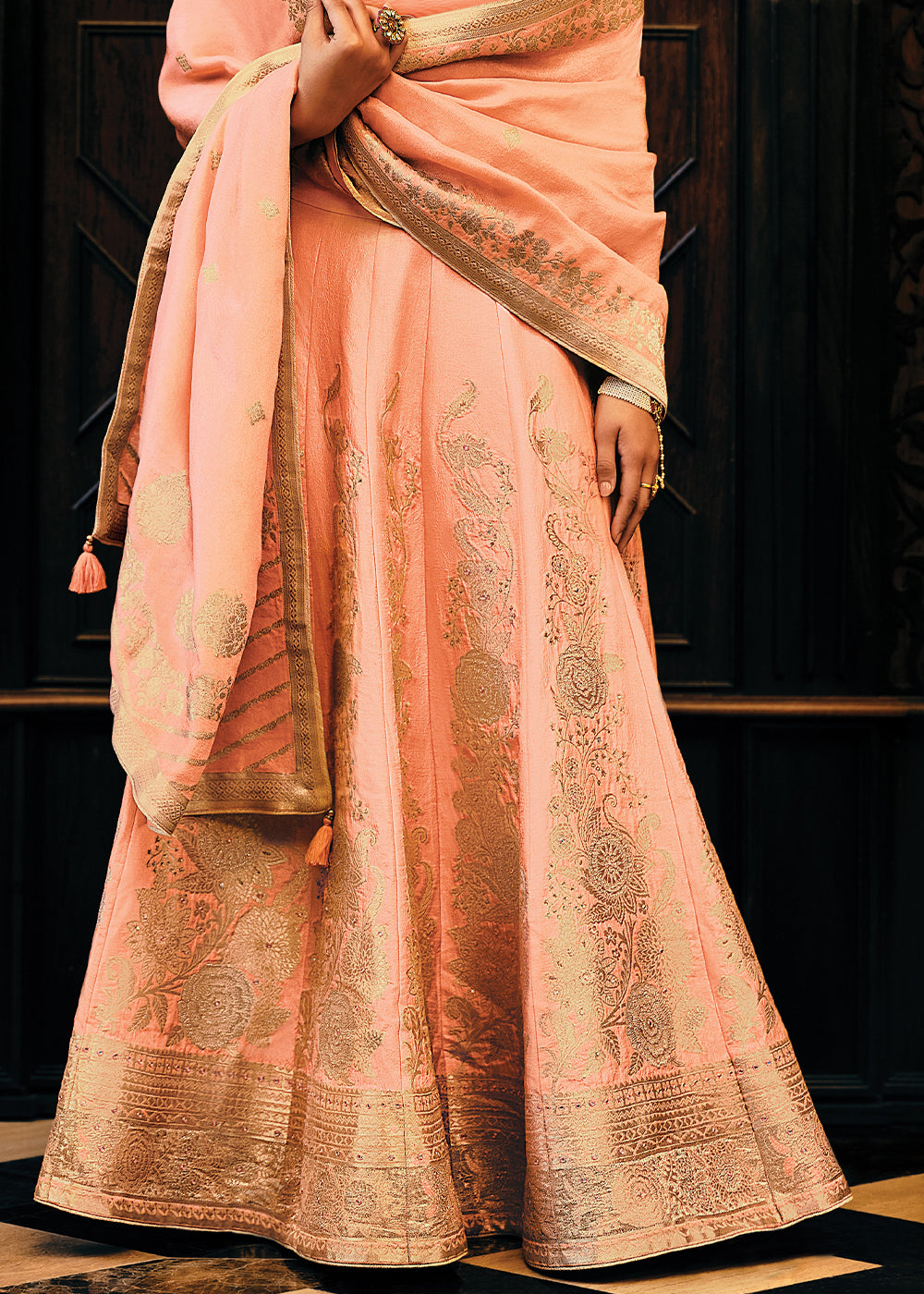 Pinkish Orange Viscose Silk Lehenga Choli With Heavy Handwork Embroidery