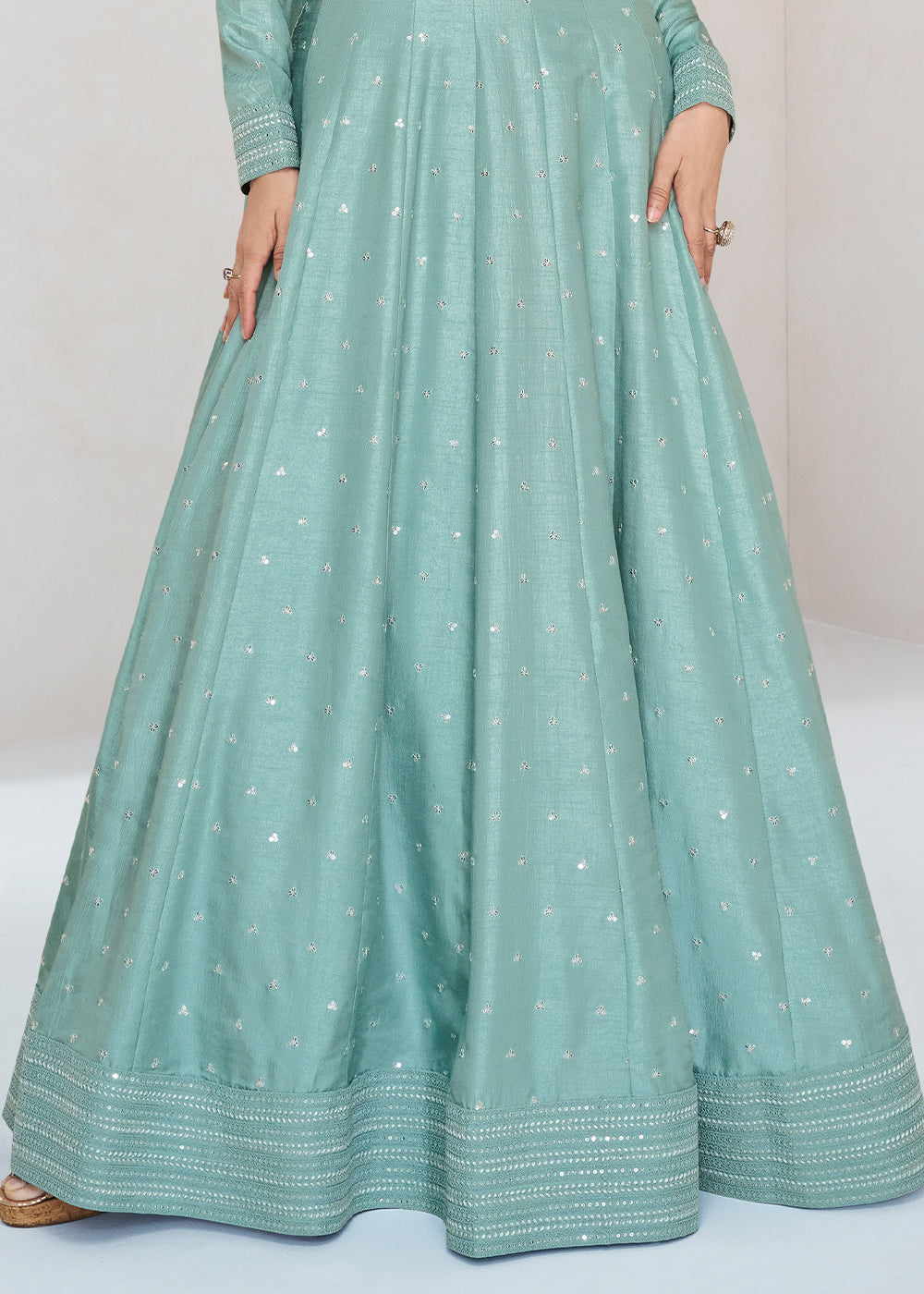 Columbia Blue Designer Embroidered Silk Anarkali Suit