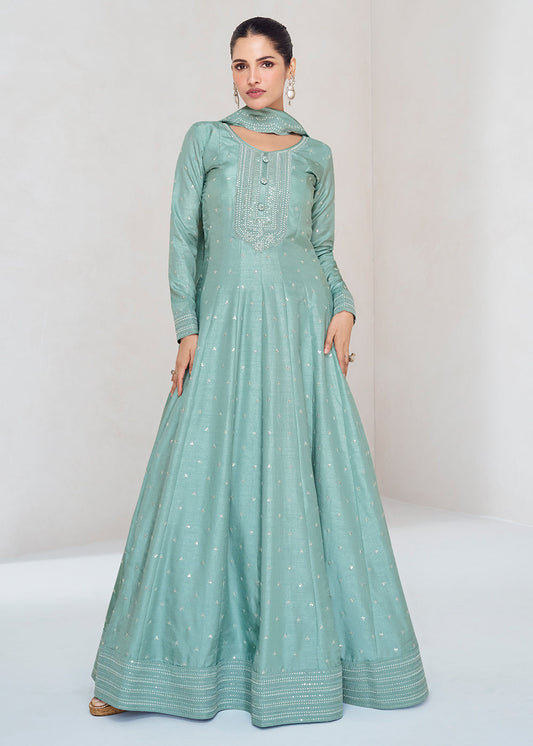 Columbia Blue Designer Embroidered Silk Anarkali Suit