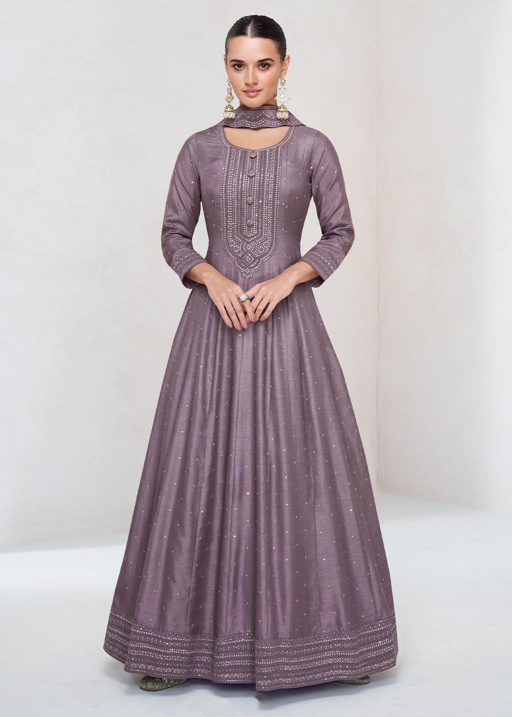 French Lilac Purple Designer Embroidered Silk Anarkali Suit