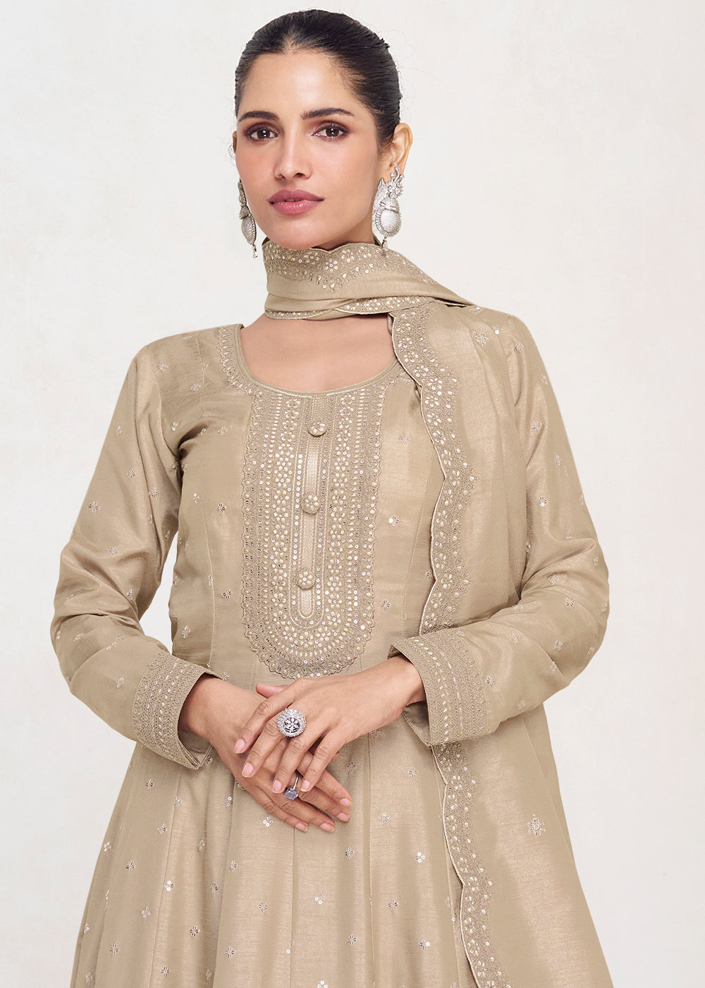 Brownish Grey Designer Embroidered Silk Anarkali Suit