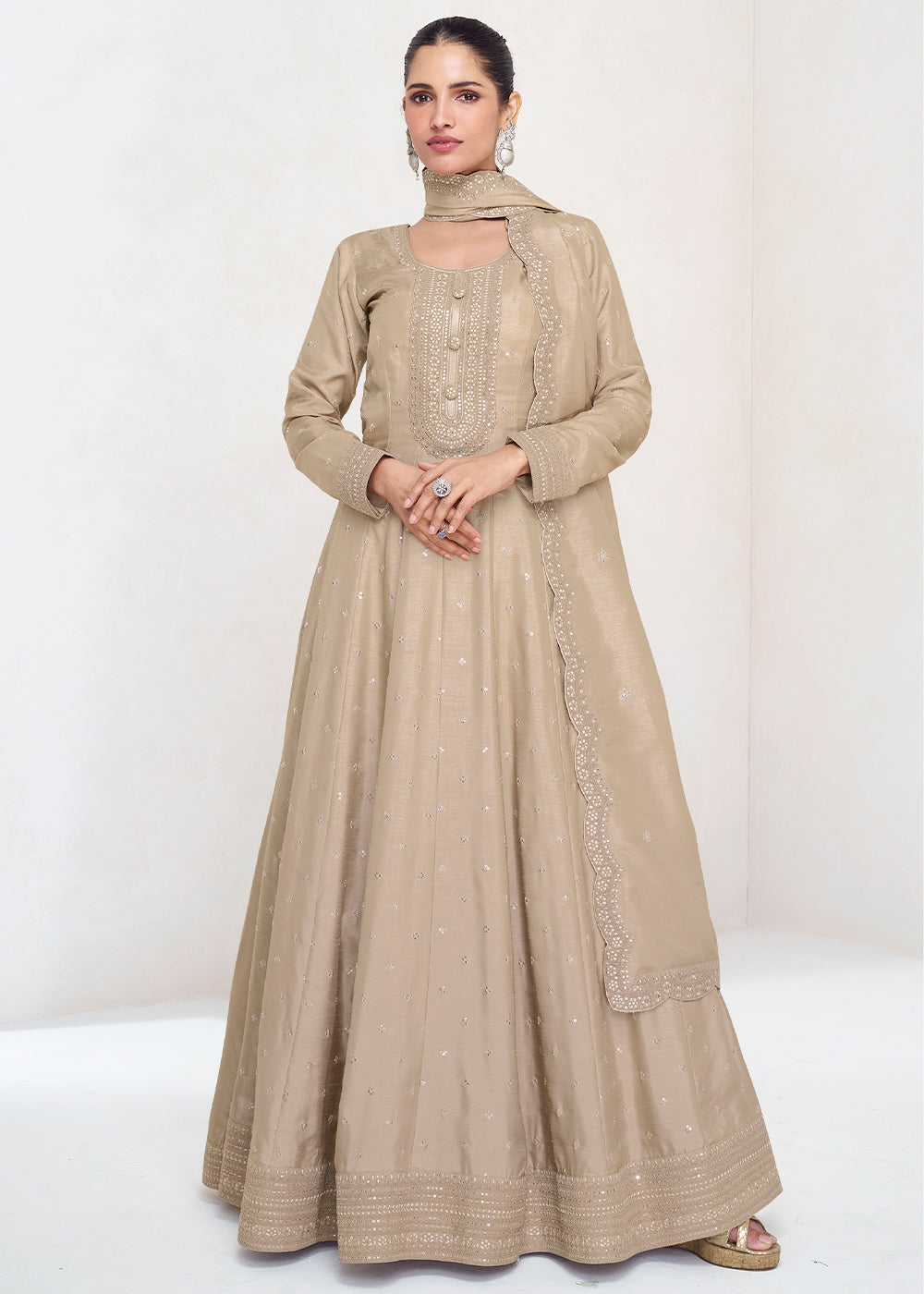 Brownish Grey Designer Embroidered Silk Anarkali Suit