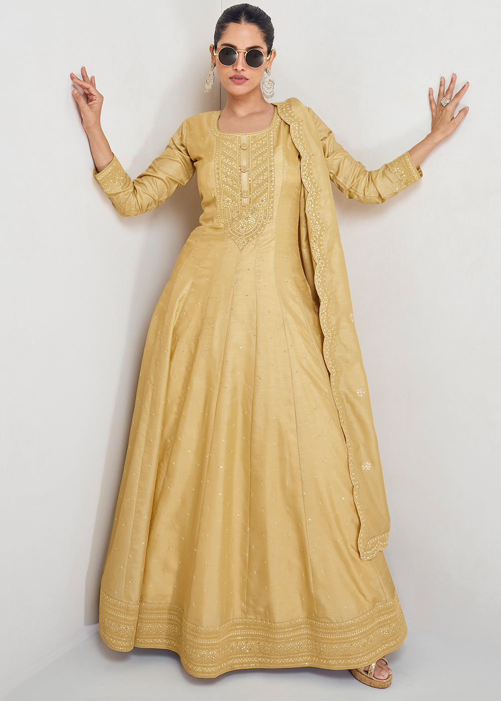 Flax Yellow Designer Embroidered Silk Anarkali Suit