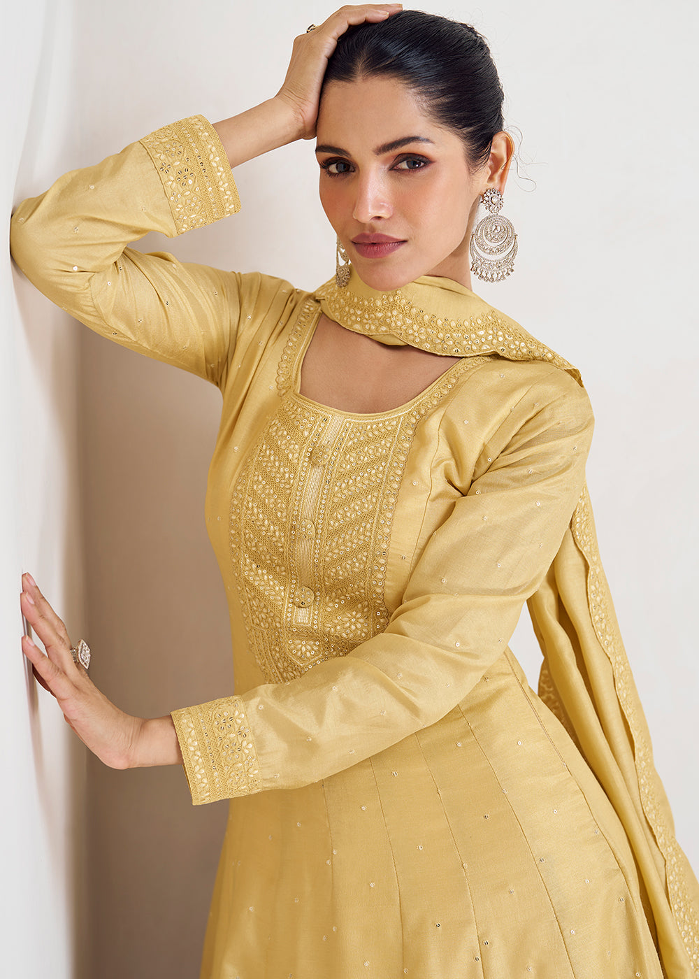 Flax Yellow Designer Embroidered Silk Anarkali Suit