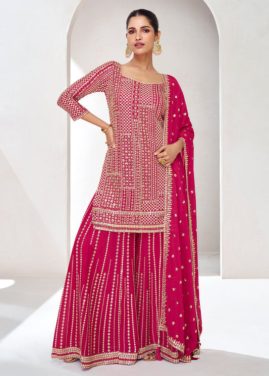 Magenta Pink Chinon Silk Embroidered Plazzo Suit