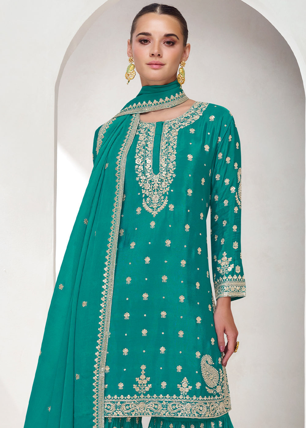 Dark Turquoise Blue Chinon Silk Embroidered Plazzo Suit