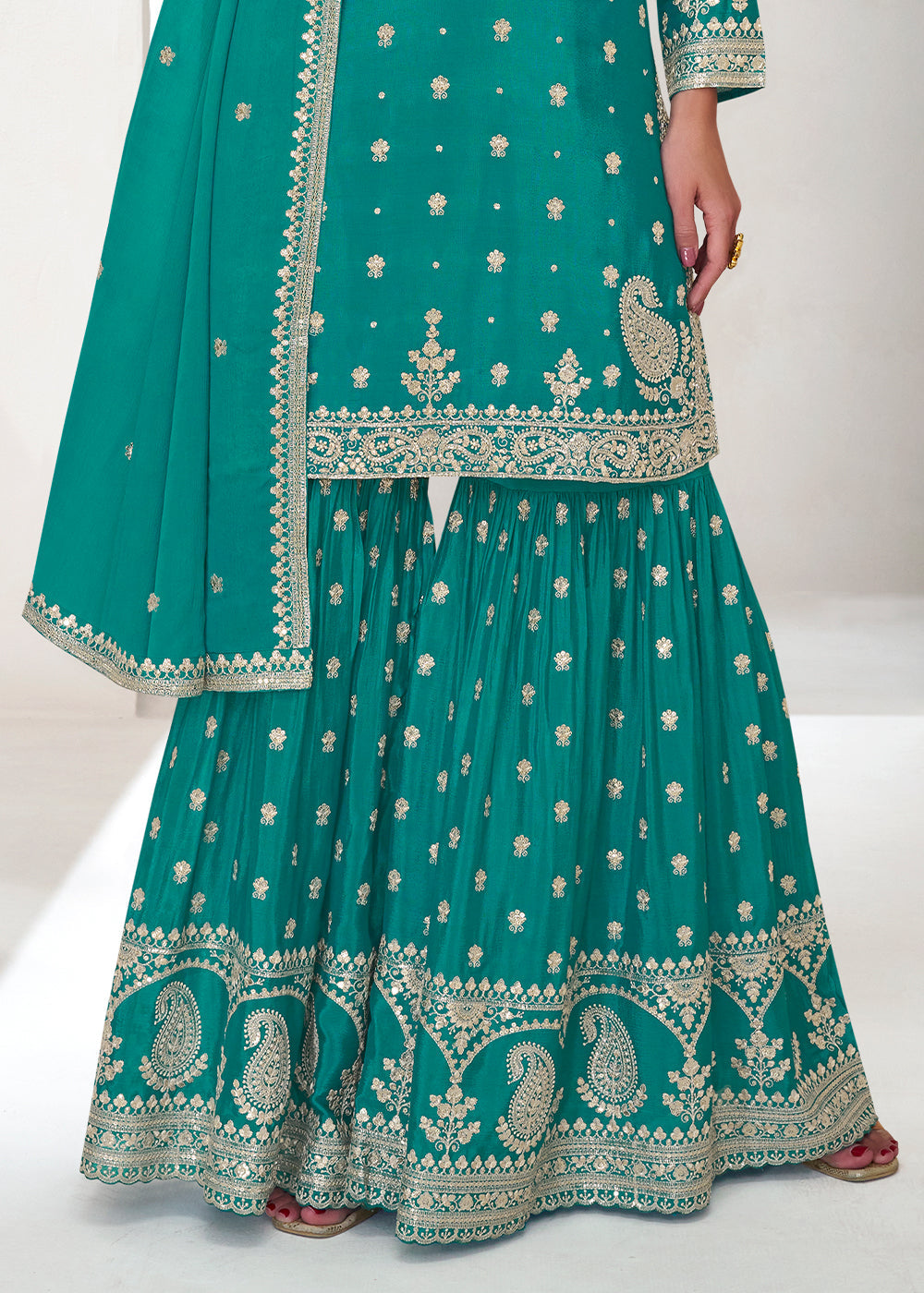 Dark Turquoise Blue Chinon Silk Embroidered Plazzo Suit