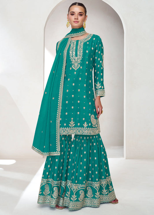 Dark Turquoise Blue Chinon Silk Embroidered Plazzo Suit