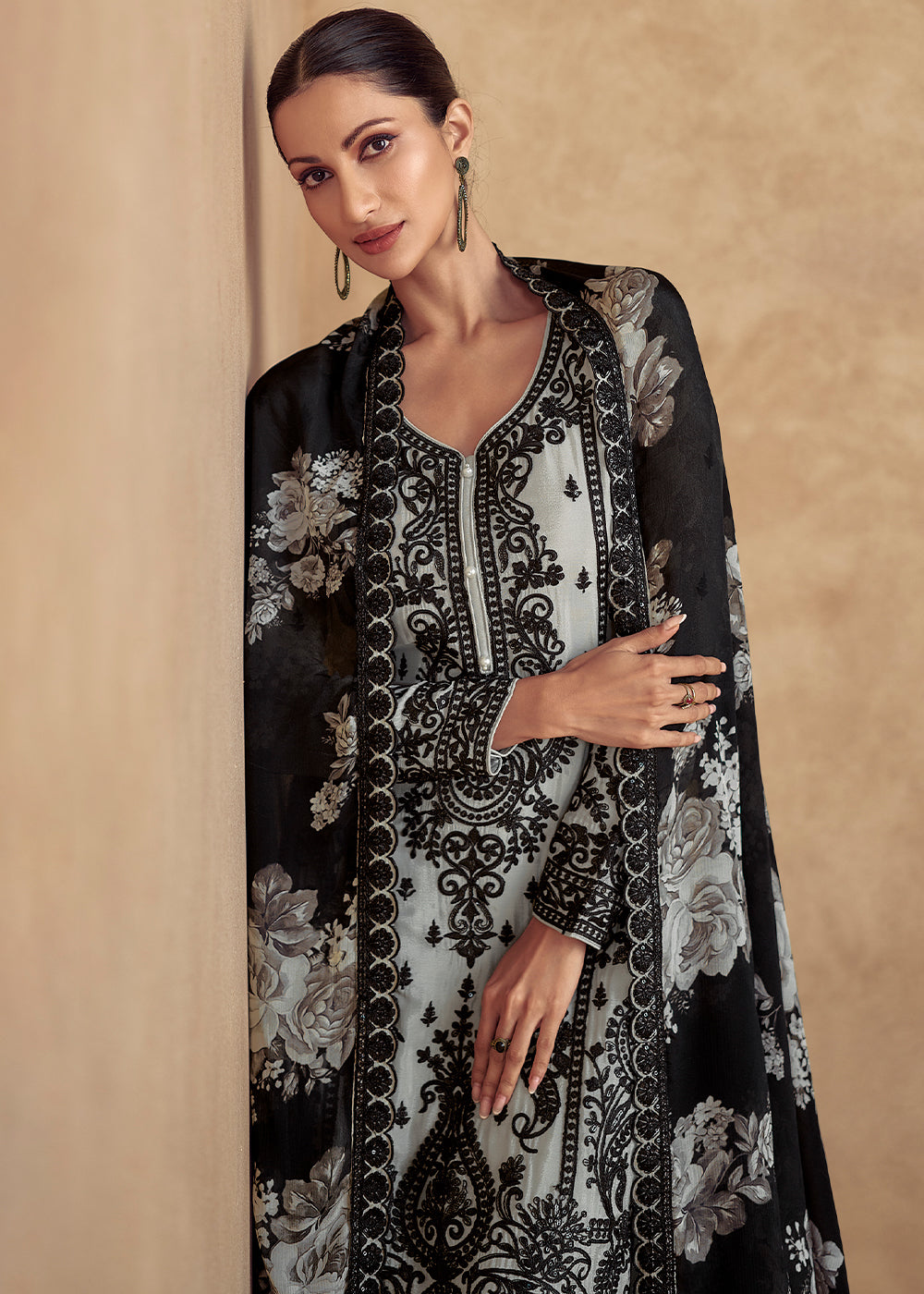 Light Grey Chinon Silk Plazzo Suit with Intricate Embroidery work