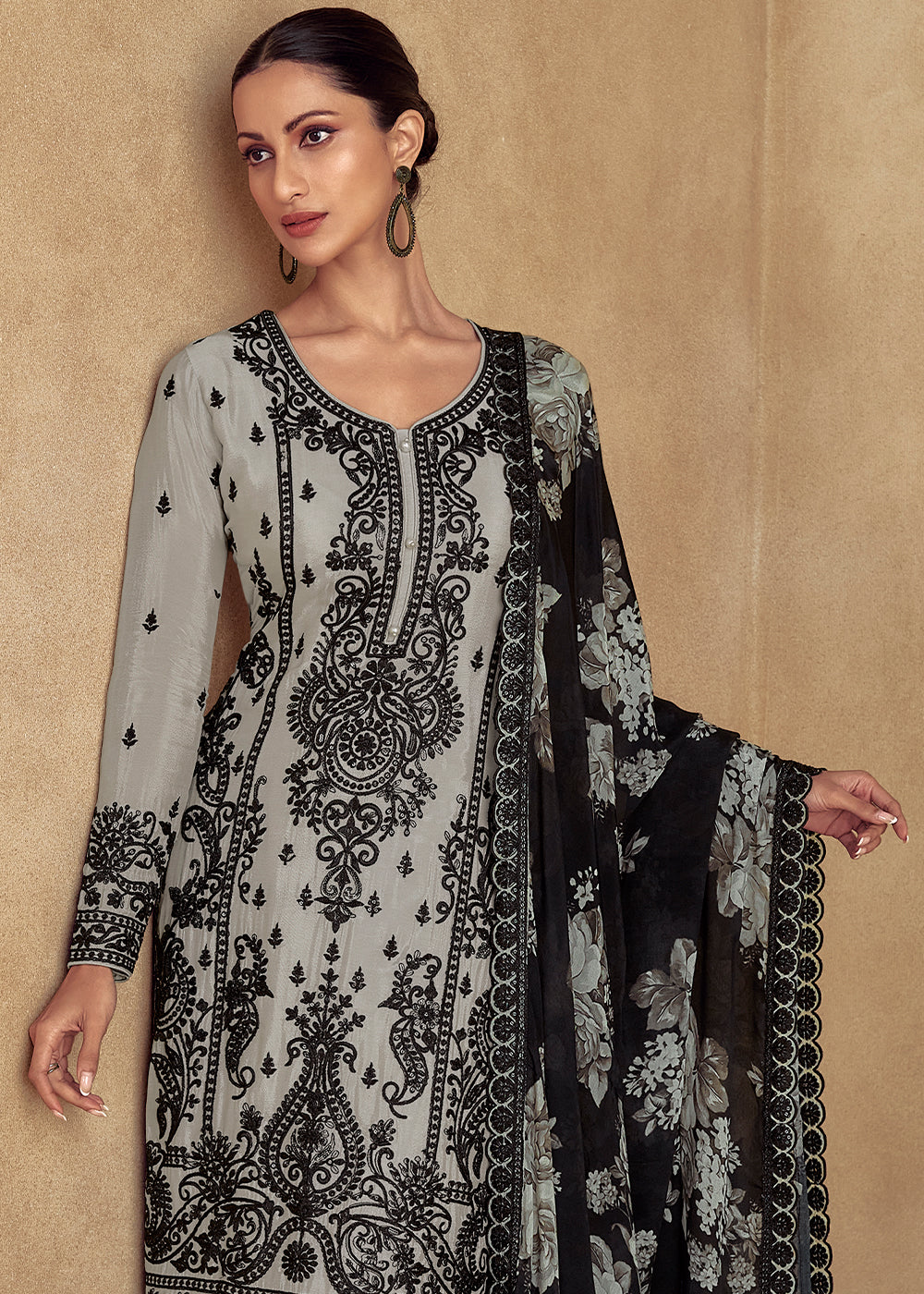 Light Grey Chinon Silk Plazzo Suit with Intricate Embroidery work