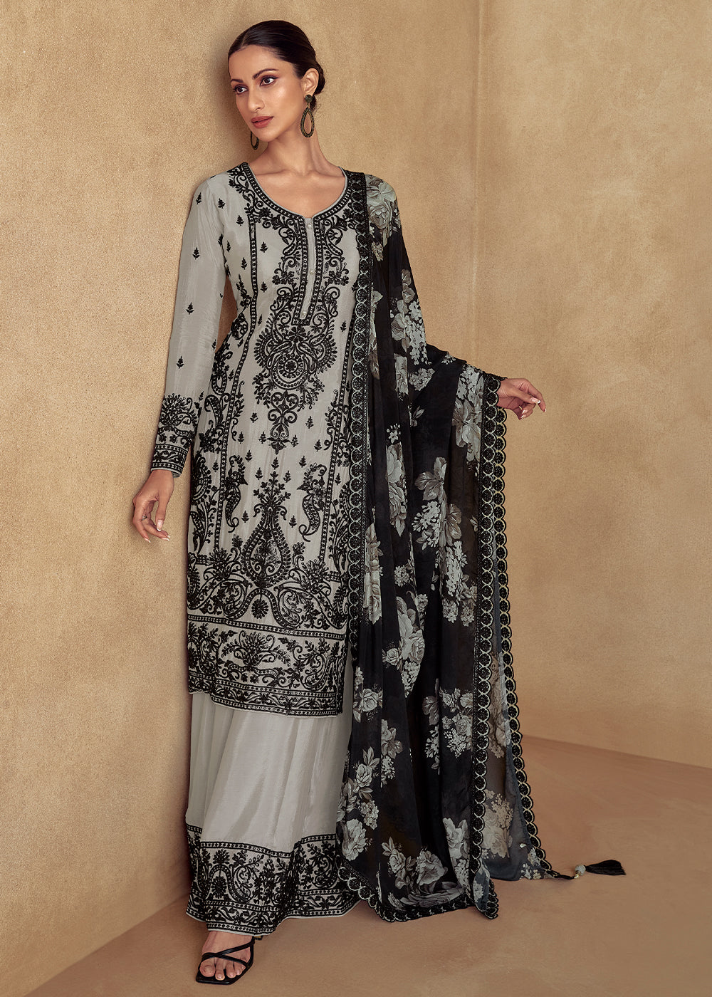 Light Grey Chinon Silk Plazzo Suit with Intricate Embroidery work