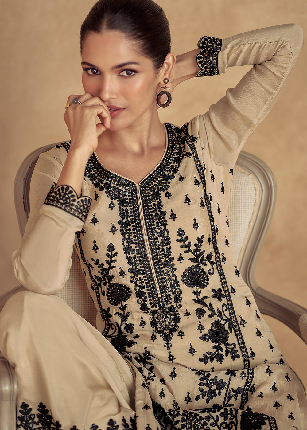 Off White Chinon Silk Plazzo Suit with Intricate Embroidery work