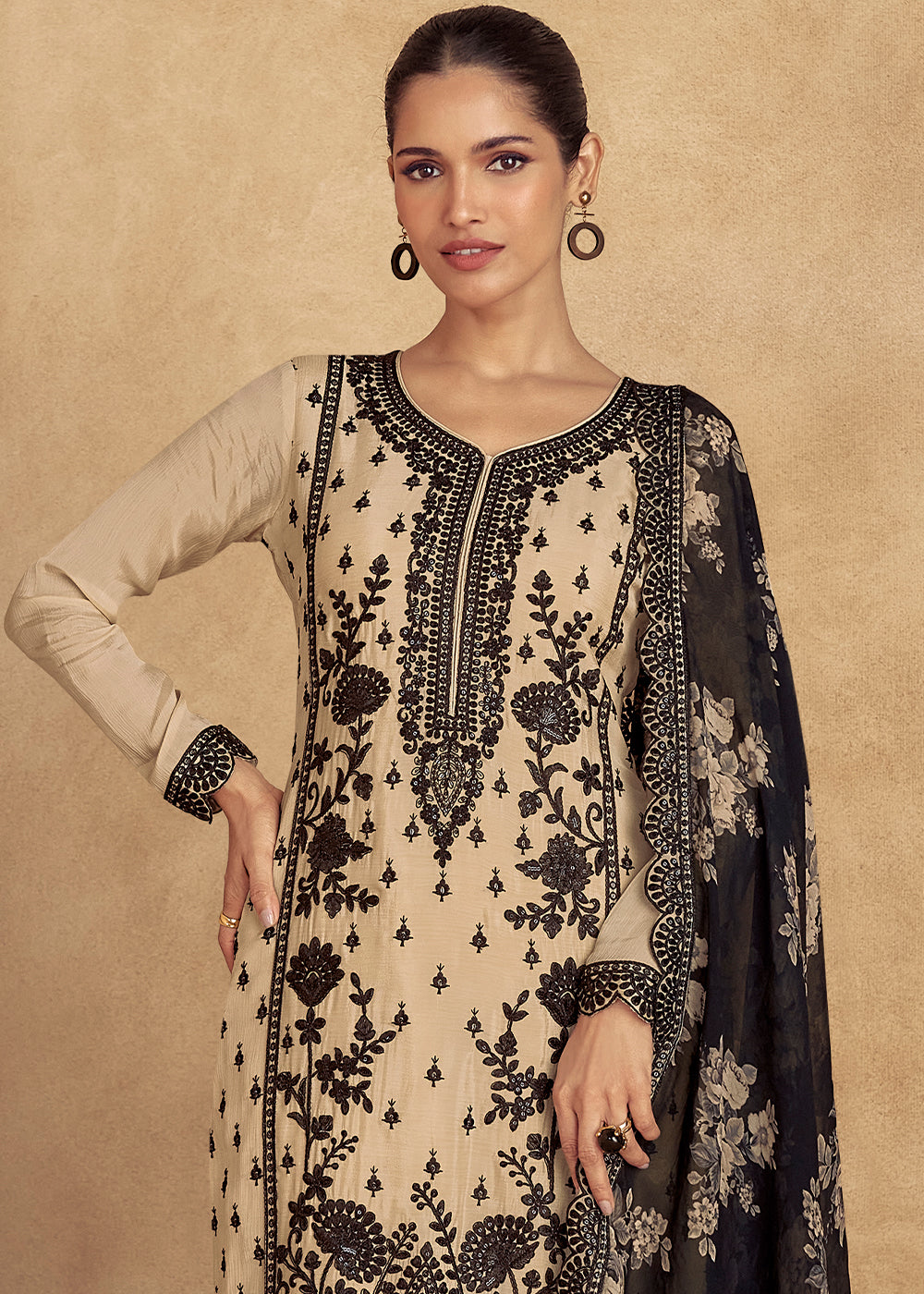 Off White Chinon Silk Plazzo Suit with Intricate Embroidery work