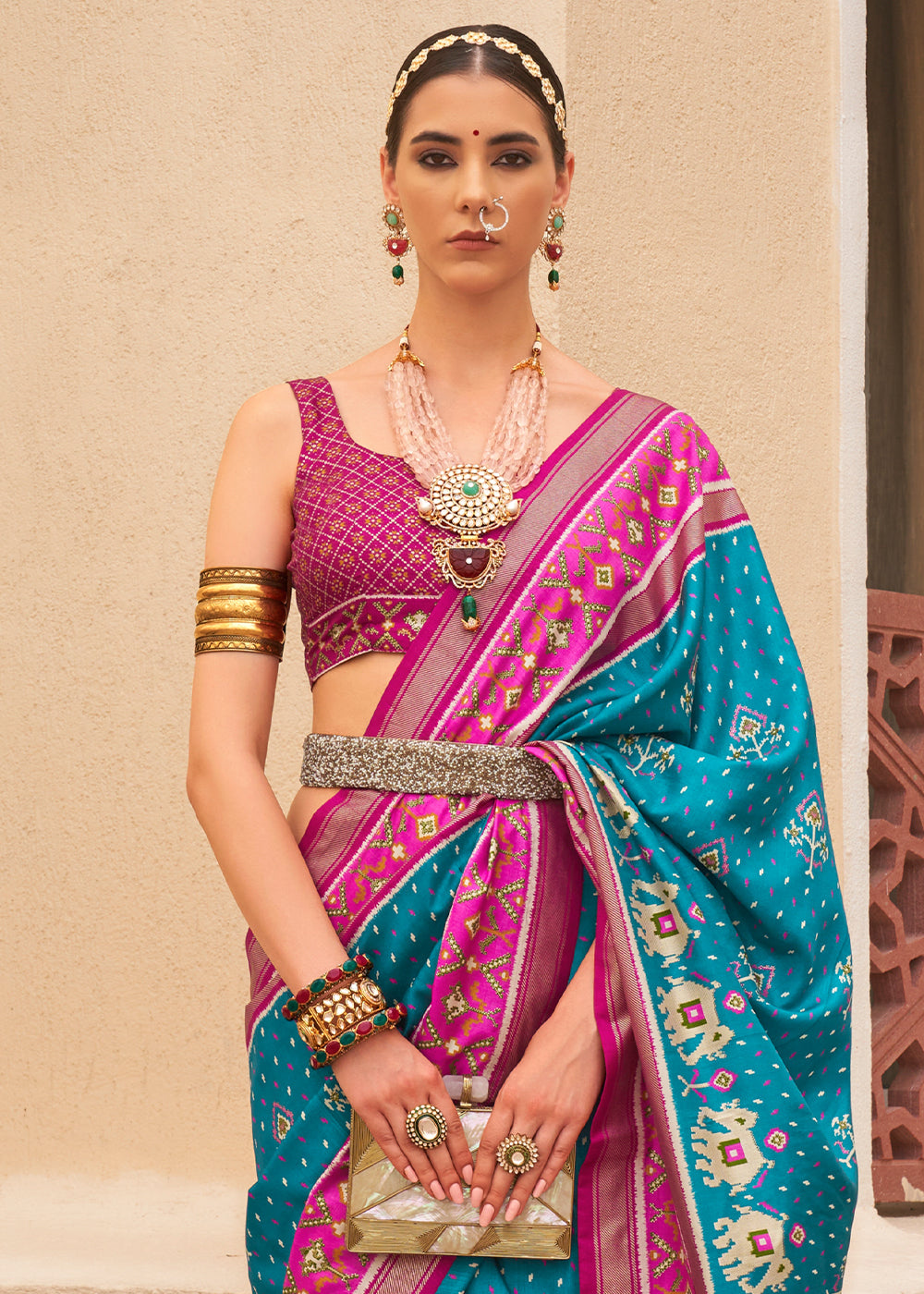 Cerulean Blue & Pink Printed Patola Silk Saree