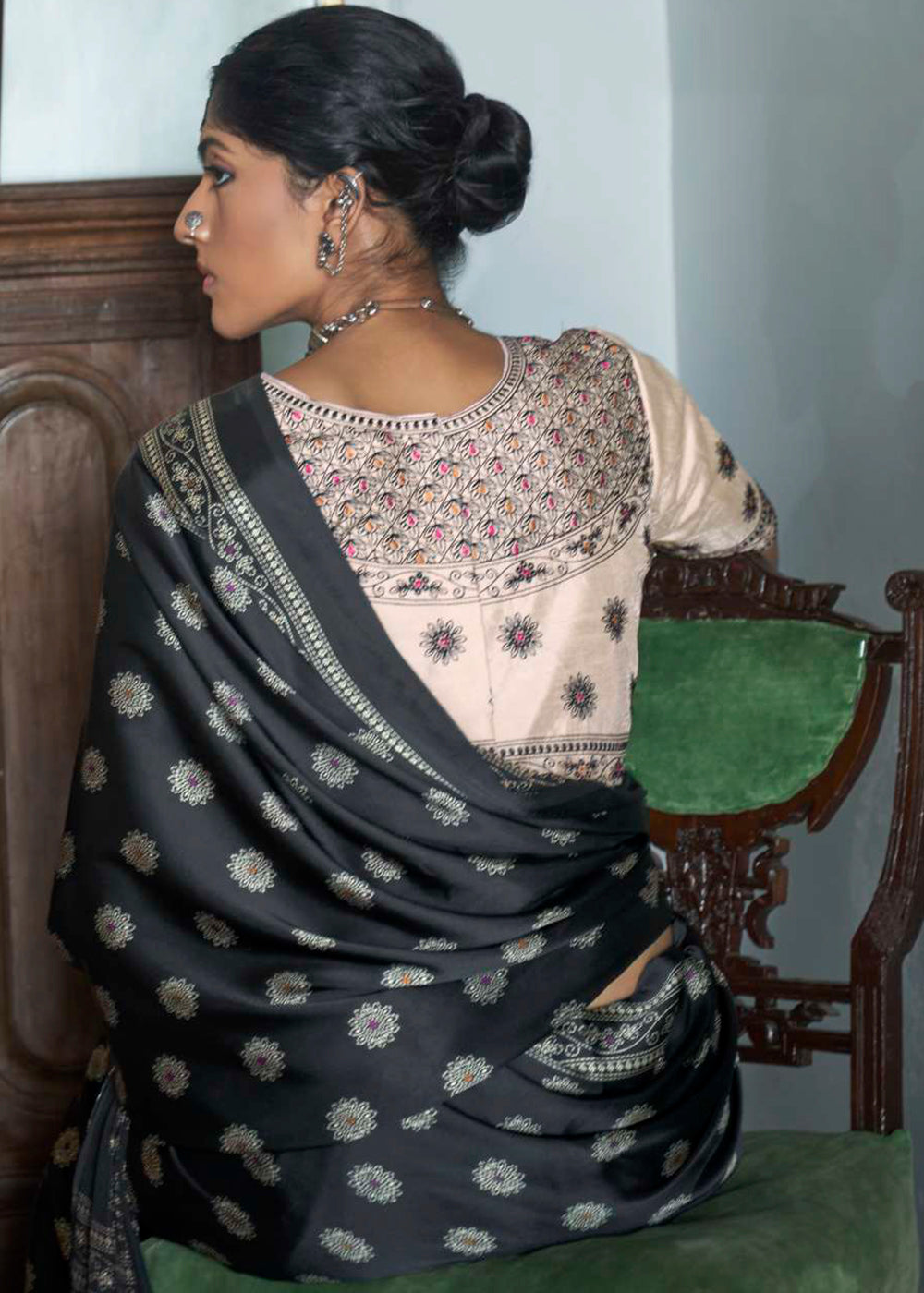 Cool Black Gajji Silk Saree with Embroidery Blouse