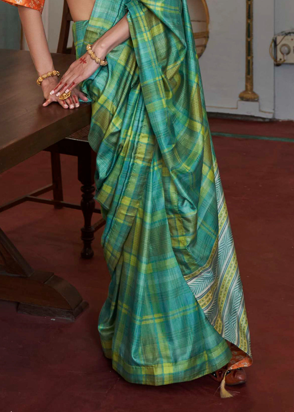 Blue & Green Printed Silk Saree