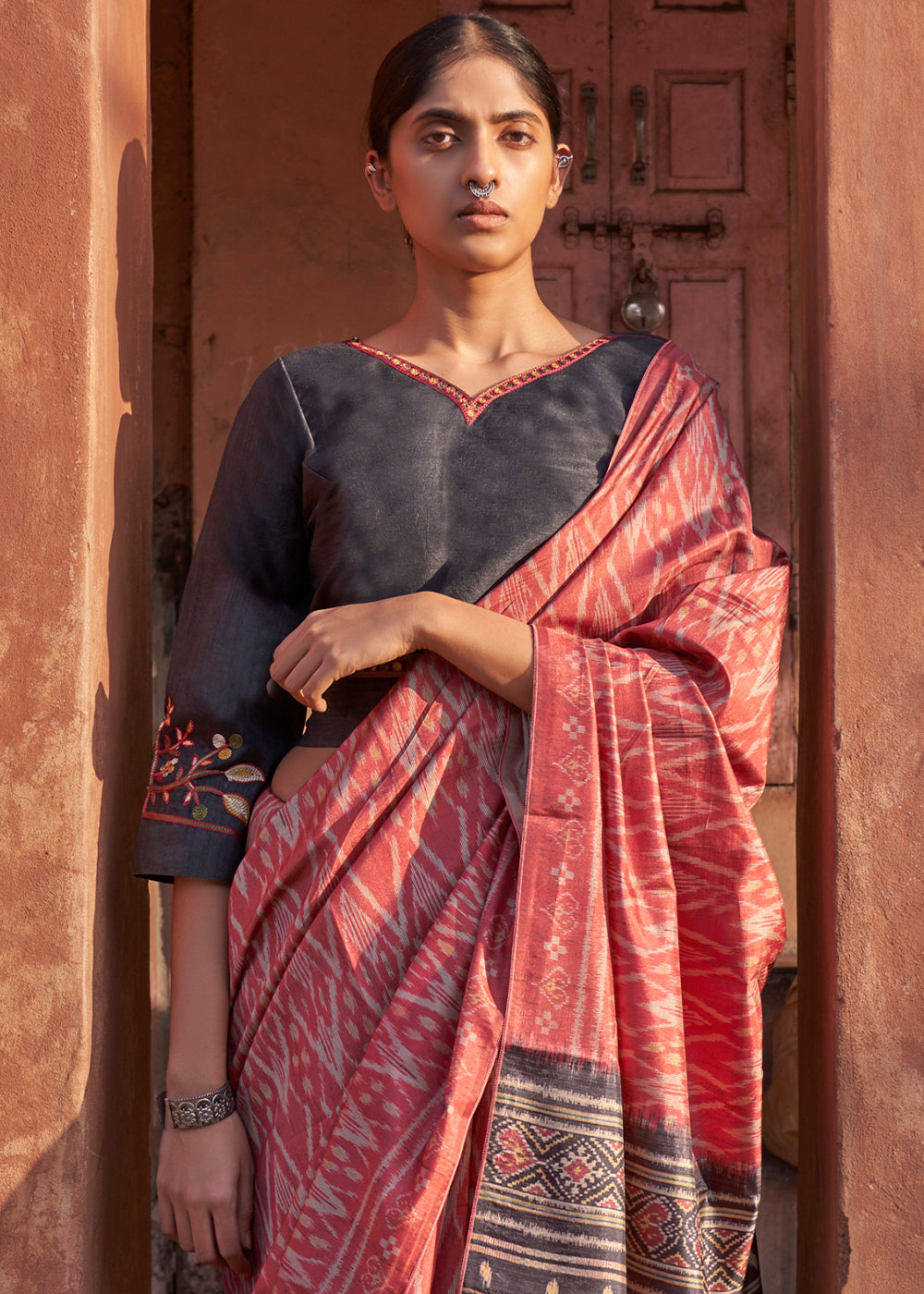 Persian Red Ikkat Silk Jaipuri Saree with Embroidery Designer Blouse