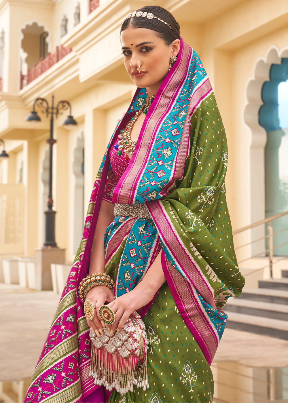 Avocado Green Printed Patola Silk Saree