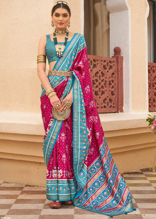 Cerise Pink Printed Patola Silk Saree