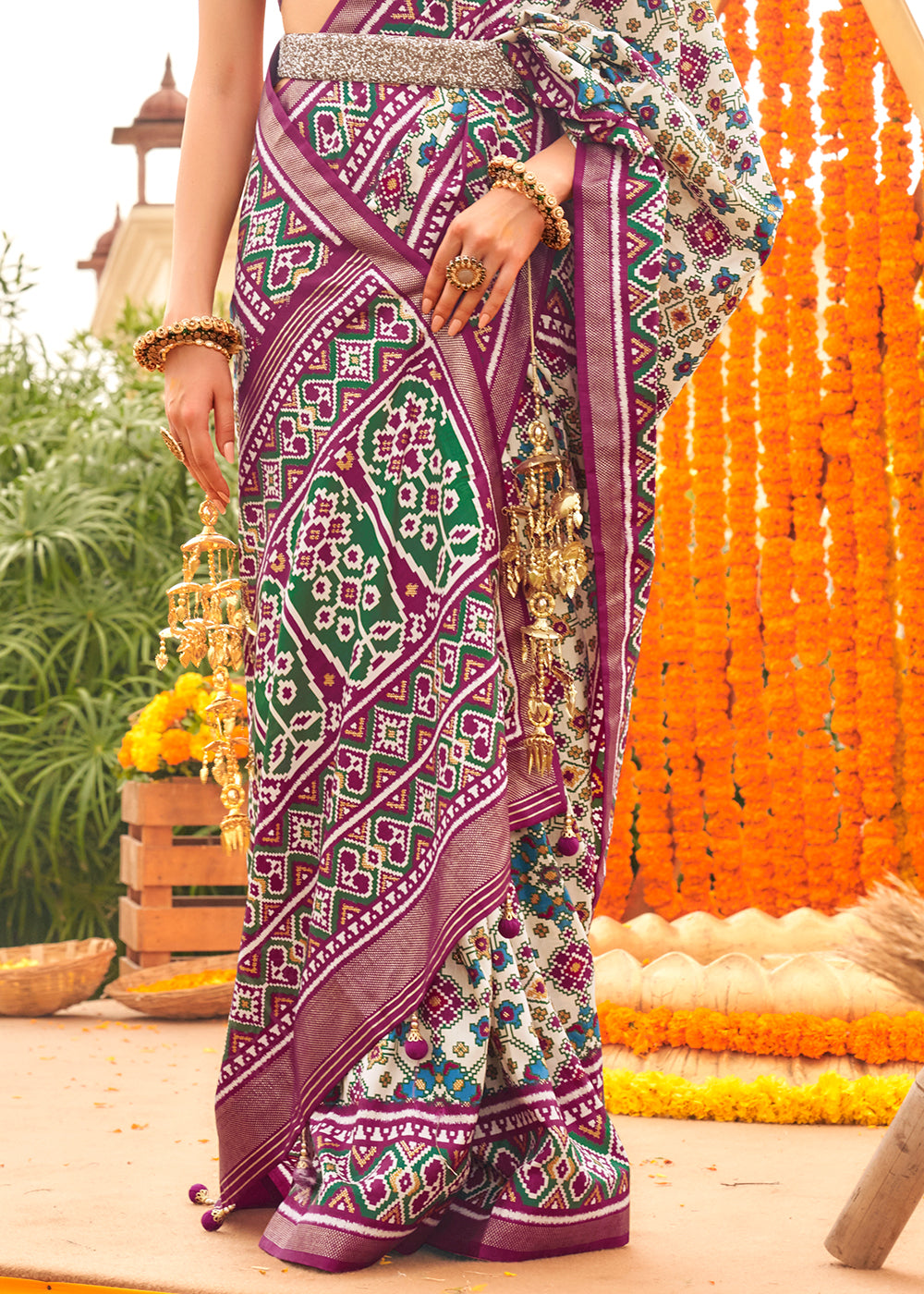 White & Purple Patola Printed Sik Saree