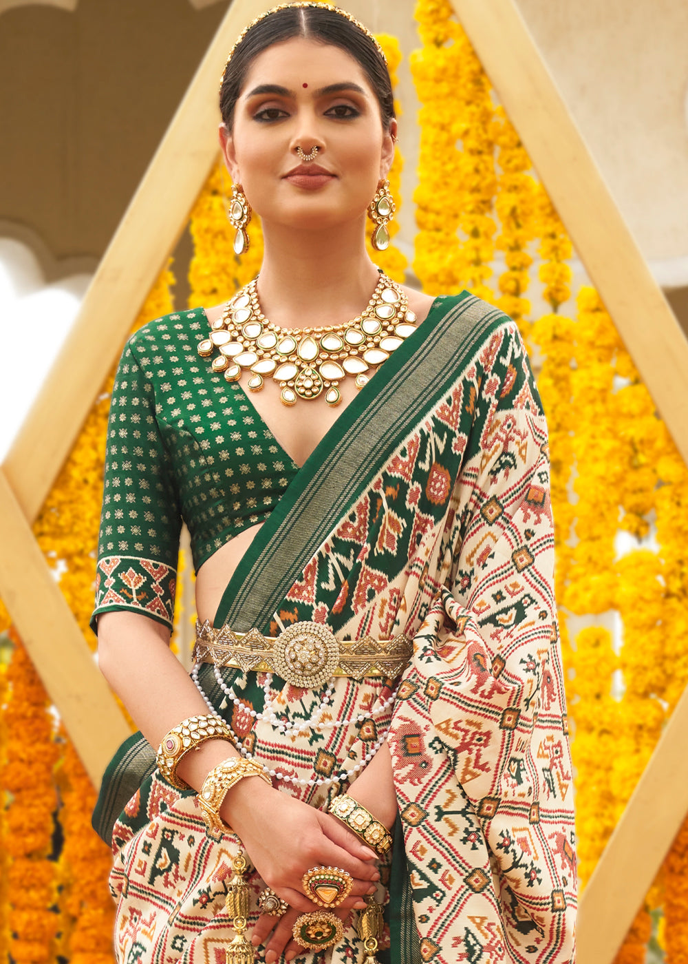 White & Green Patola Printed Sik Saree