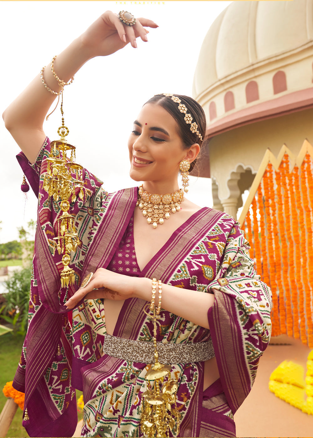 White & Purple Patola Printed Sik Saree