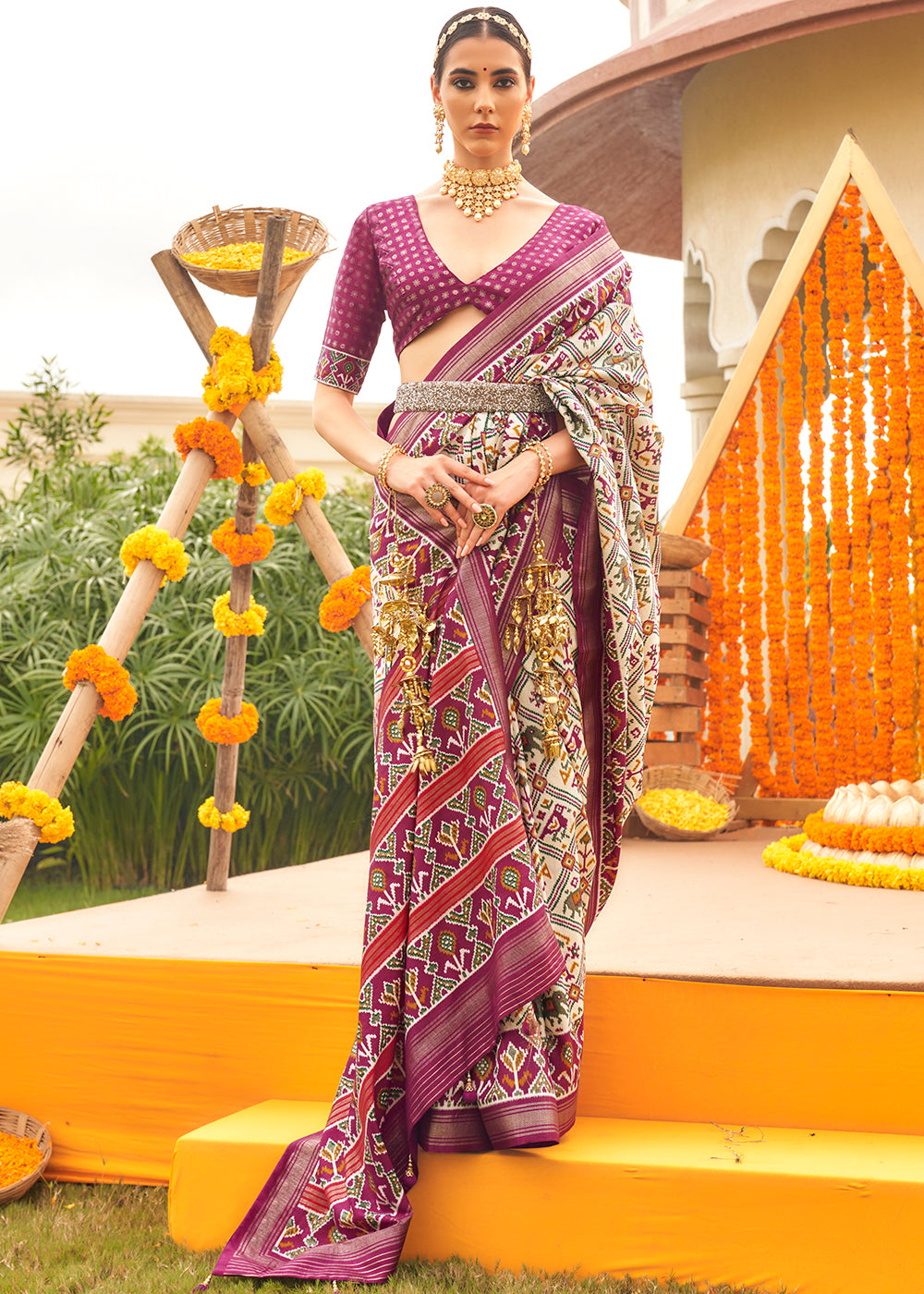 White & Purple Patola Printed Sik Saree