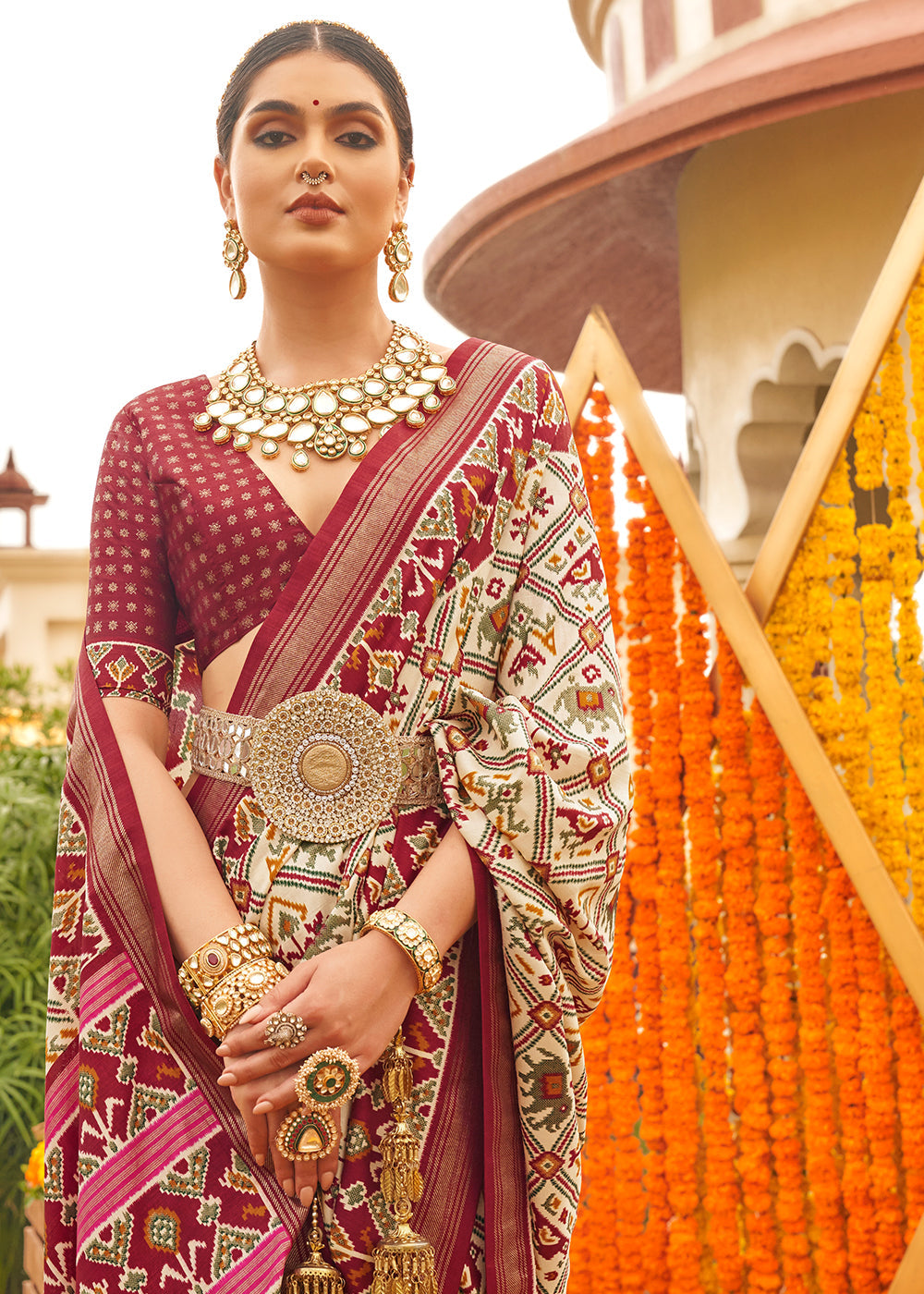 White & Brown Patola Printed Sik Saree